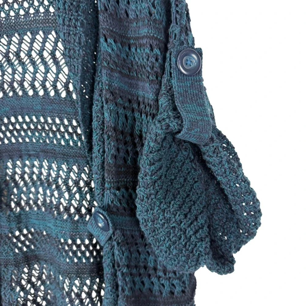Apt 9 Teal Blue Space Dye‎ Open Knit Crochet Cardigan Button Tab Women's Large